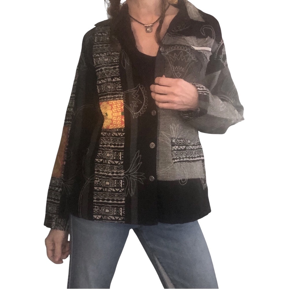 Vtg 90's Chico's Patchwork Jacket Sz M 6-8 Basic Boxy Unique Gray Yellow Phoebe